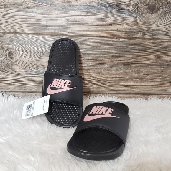 New Nike Benassi JDI Black Rose Gold Slide Sandals - Picture 6 of 7